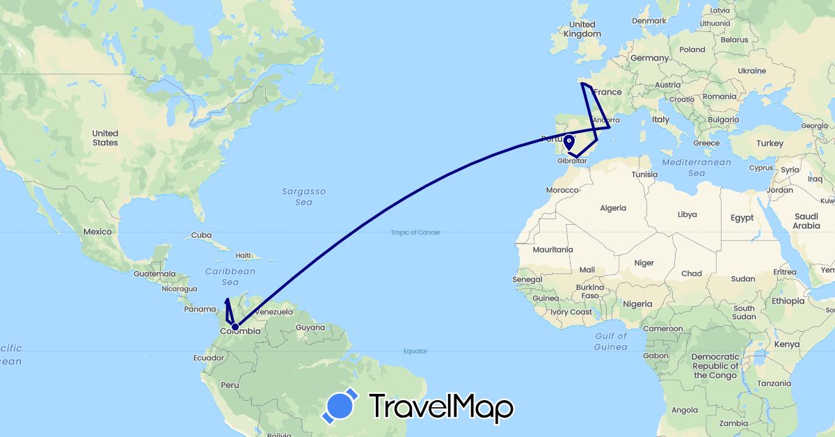 TravelMap itinerary: driving in Colombia, Spain, France (Europe, South America)